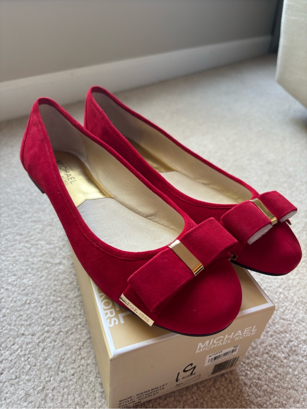 New! Michael Kors Red Suede Bow Flats with Gold Accent